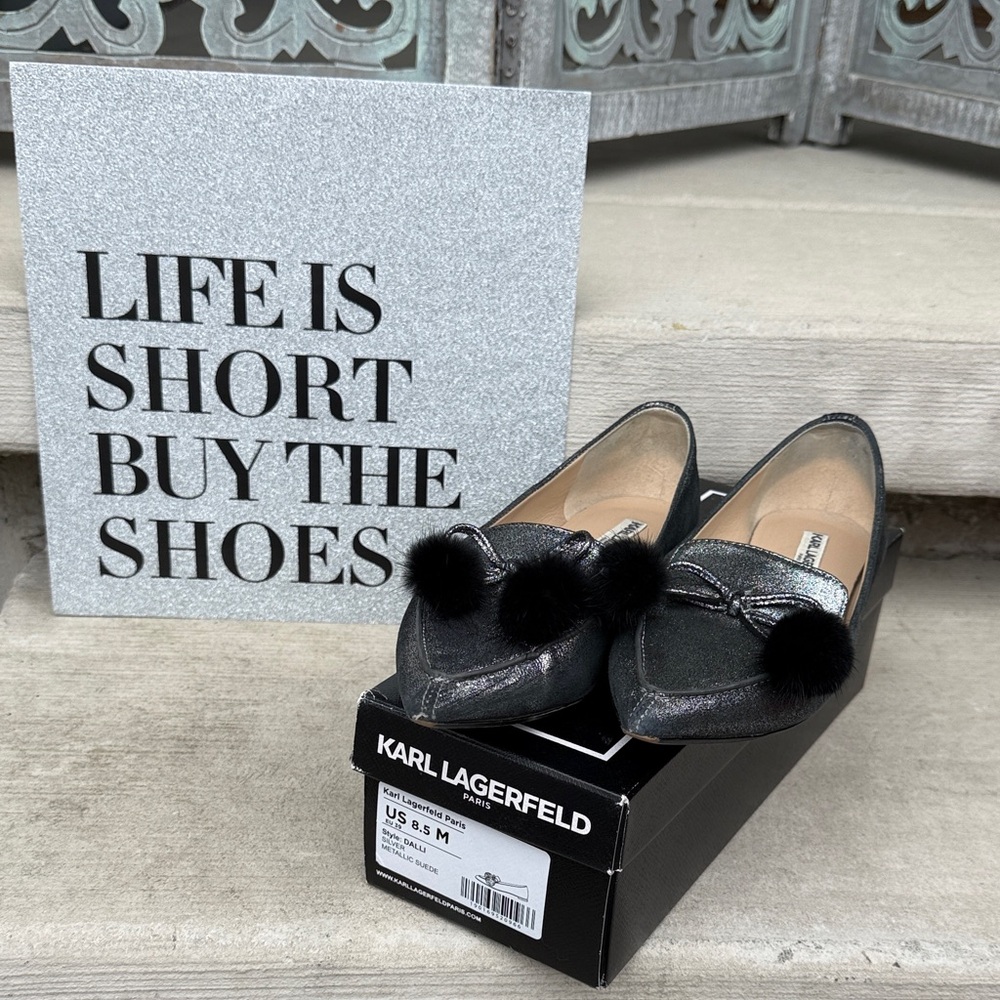 Karl Lagerfeld Black Metallic Loafers with Black Pom-Poms
